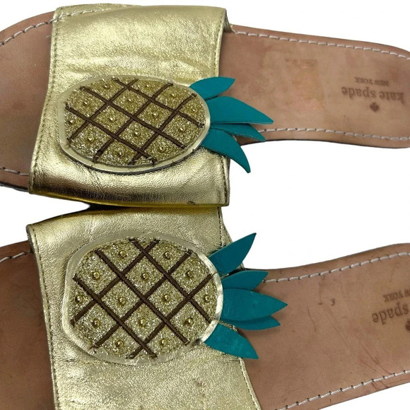 Kate Spade Ibis Embroidered Pineapple Slide Sandals In Gold Size US 9 - Picture 6 of 7